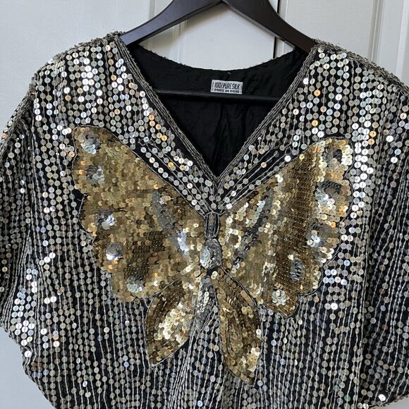 Vintage 100% Silk Sequin Beaded Butterfly Crop Top Y2K Cropped Black Silver - Picture 2 of 5